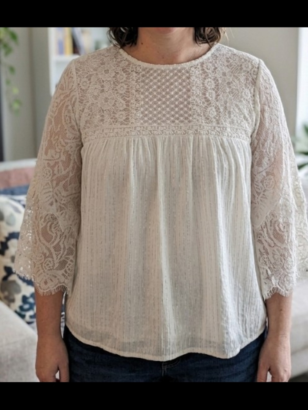 Women's Lace Yoke Blouse in Cream - Classic Feminine Top (Plus Size)Summer Flowy